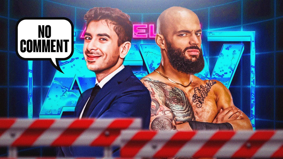 Tony Khan with a text bubble reading "No comment" next to Ricochet with the AEW logo as the background.