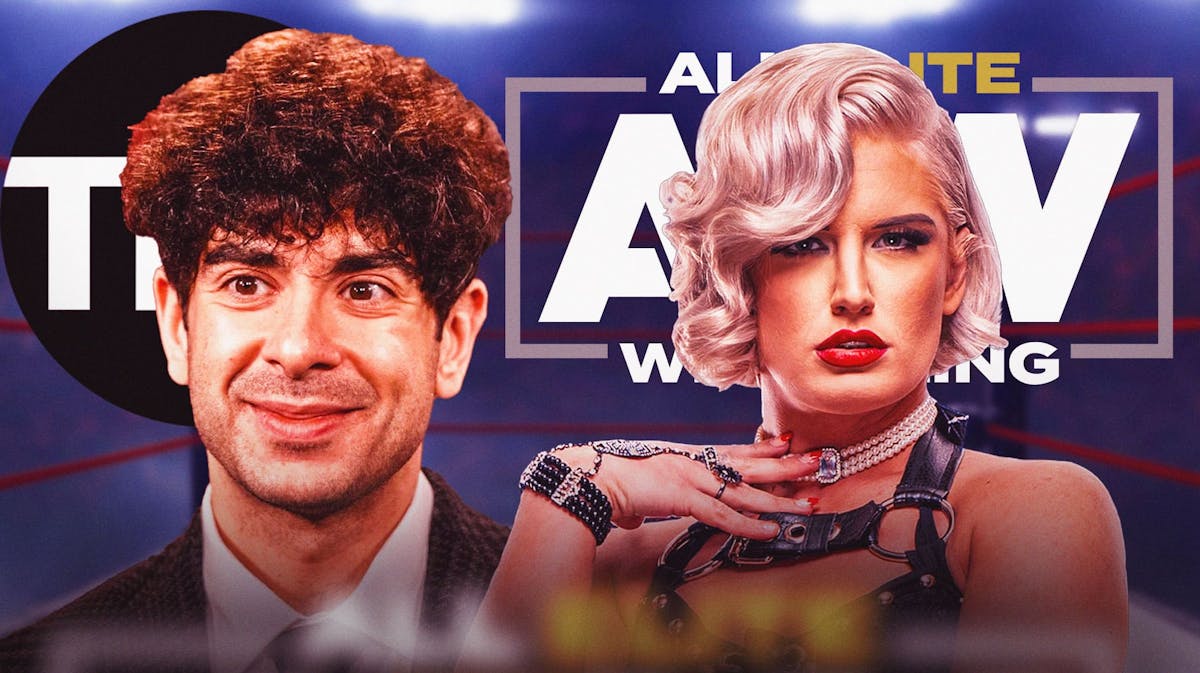 Tony Khan next to "Timeless" Toni Storm with the AEW logo and the TNT channel logo in the background.