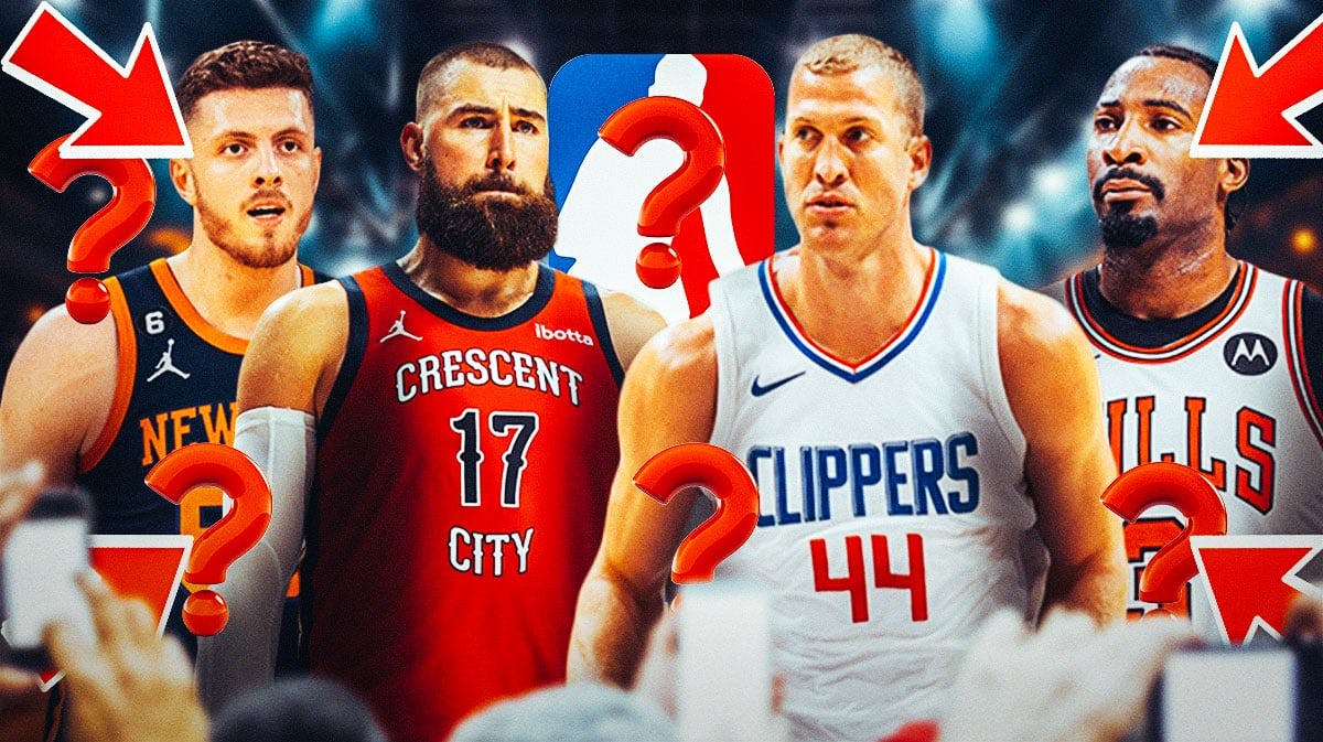 Isaiah Hartenstein, Jonas Valanciunas, Andre Drummond, Mason Plumlee all together. NBA logo in background. Question marks and arrows pointing every which way all around the graphic.