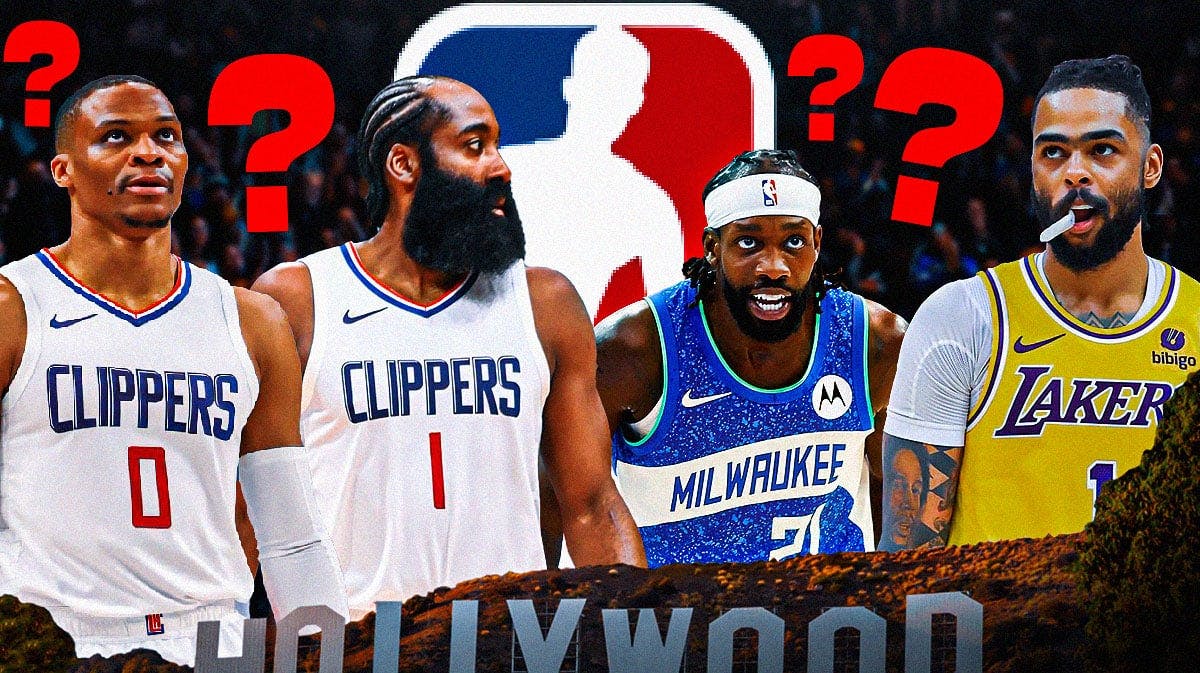 Russell Westbrook, James Harden, D'Angelo Russell, Patrick Beverley all together. Question marks around the graphic. NBA logo in background.
