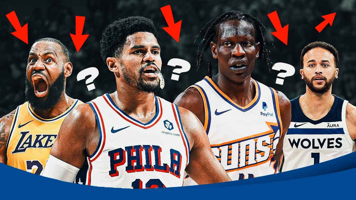 LeBron James, Tobias Harris, Bol Bol, Kyle Anderson all together with question marks and arrows pointing every which way around the graphic. NBA logo in background.