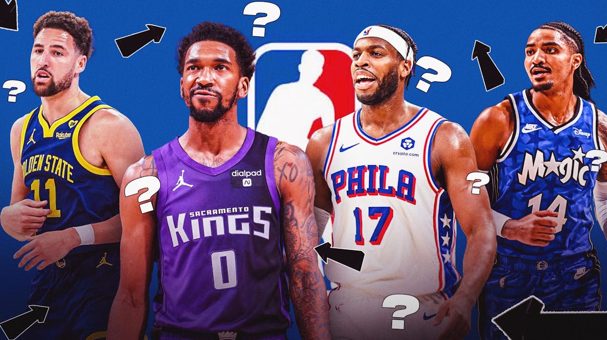 Klay Thompson, Buddy Hield, Gary Harris, Malik Monk all together with question marks around the graphic as well as arrows pointing every which way. NBA logo in background.