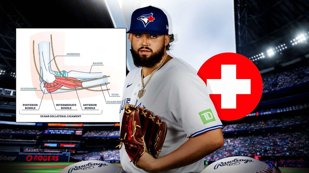Blue Jays' Alek Manoah sad, with diagram of UCL injury and red medical cross beside him