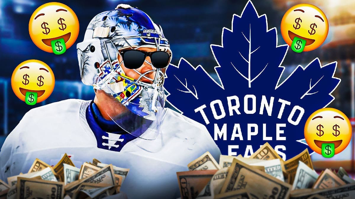 Toronto Maple Leafs goalie Joseph Woll wearing sunglasses and surrounded by green dollar sign emojis. There is also a logo for the Toronto Maple Leafs.