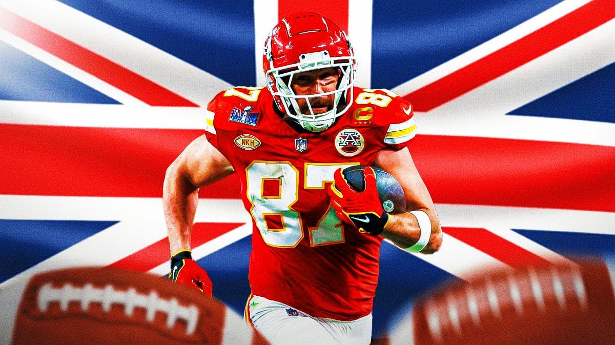 Travis Kelce in a Chiefs jersey in action with a UK Union Jack flag as the background