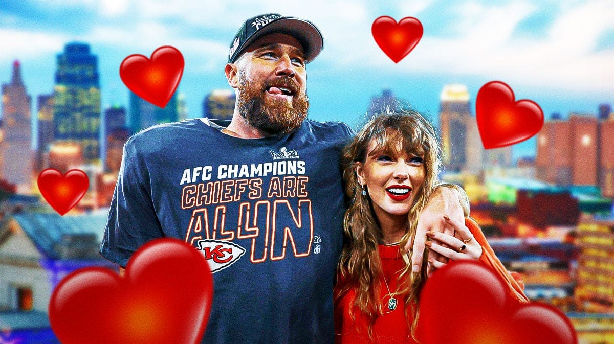 Travis Kelce and Taylor Swift with hearts around them.
