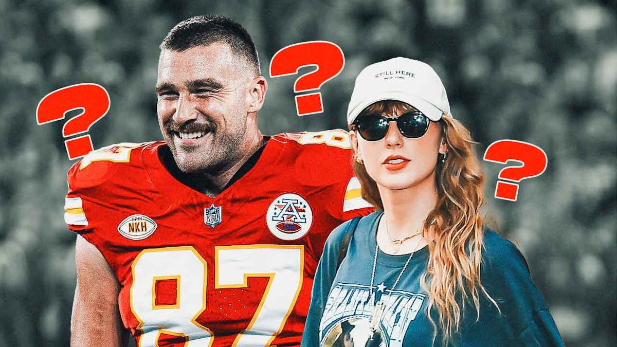 Travis Kelce and Taylor Swift with question marks surrounding them