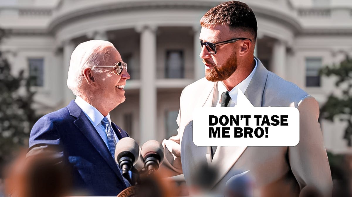 Kansas City Chiefs tight end Travis Kelce with U.S. President Joe Biden. The White House is in the background. Kelce has a speech bubble that says “Don’t tase me bro!”