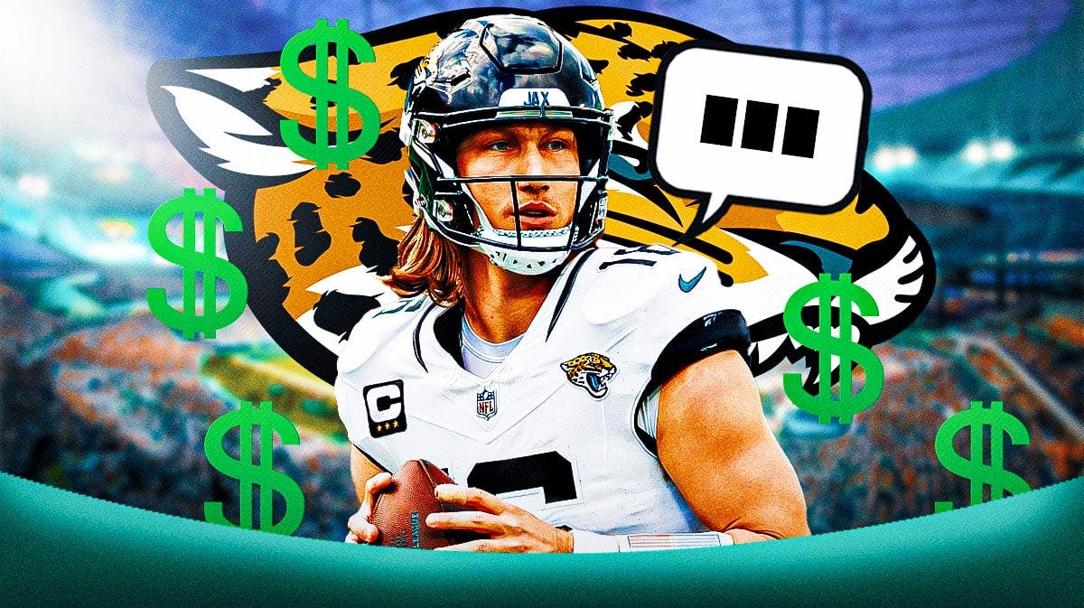 Jacksonville Jaguars QB Trevor Lawrence with a speech bubble that has the three dots emoji inside. He is surrounded by green dollar sign emojis. There is also a logo for the Jacksonville Jaguars.
