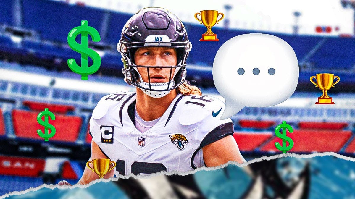 Jacksonville Jaguars QB Trevor Lawrence with a speech bubble that has the three dots emoji inside. He is surrounded by green dollar sign emojis and trophy emojis. There is also a logo for the Jacksonville Jaguars.