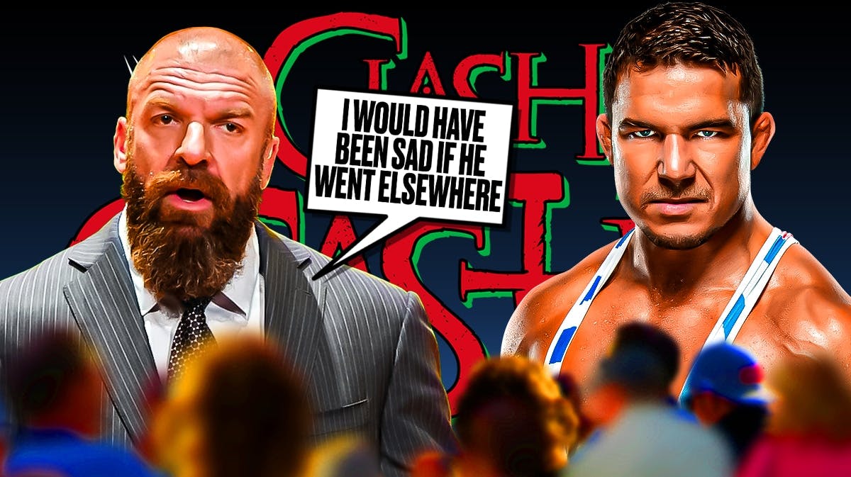 Triple H with a text bubble reading "I would have been sad if he went elsewhere" next to Chad Gable with the Clash at the Castle log as the background.