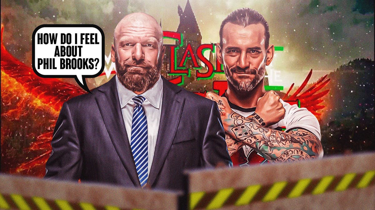Triple H with a text bubble reading "How do I feel about Phil Brooks?" next to CM Punk with the Clash at the Castle logo as the background.