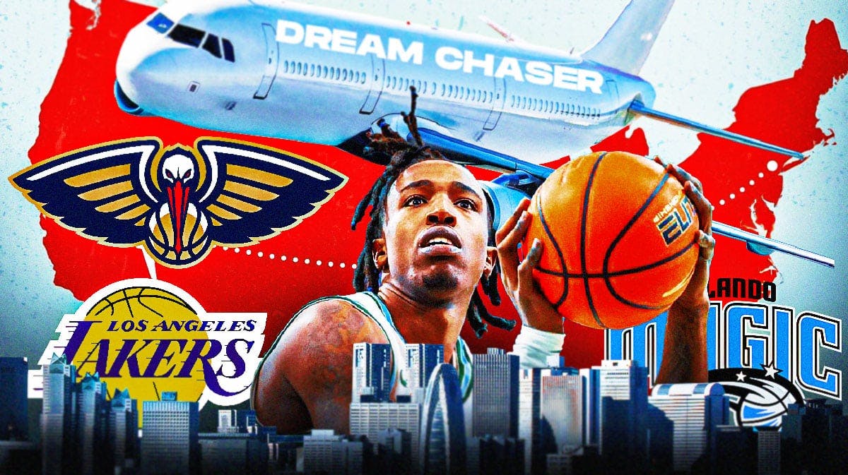 Kevin Cross Jr. and a map with some crisscrossing. Perhaps name the plane 'Dream Chaser' and the logos of the Pelicans, Lakers, and Magic