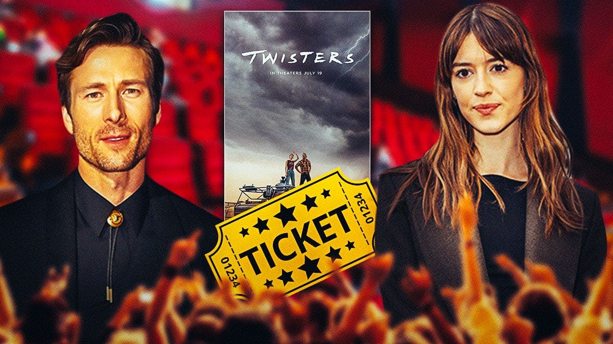 Twisters poster and movie theater box office ticket and background with Glen Powell and Daisy Edgar-Jones.