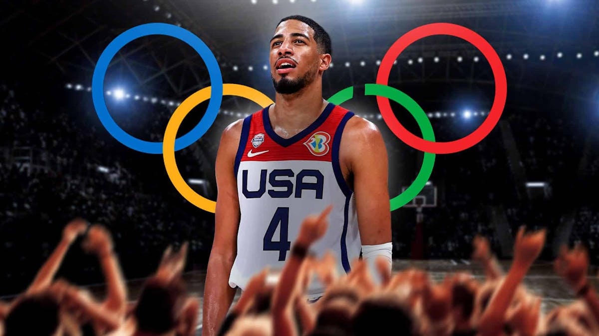 Tyrese Haliburton in a Team USA jersey with the Olympics logo in the background, Pacers