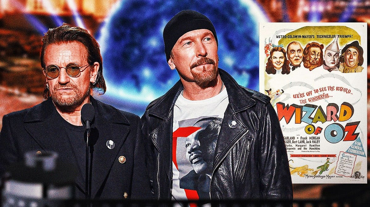 U2 members Bono and The Edge with Wizard of Oz poster and Sphere background.