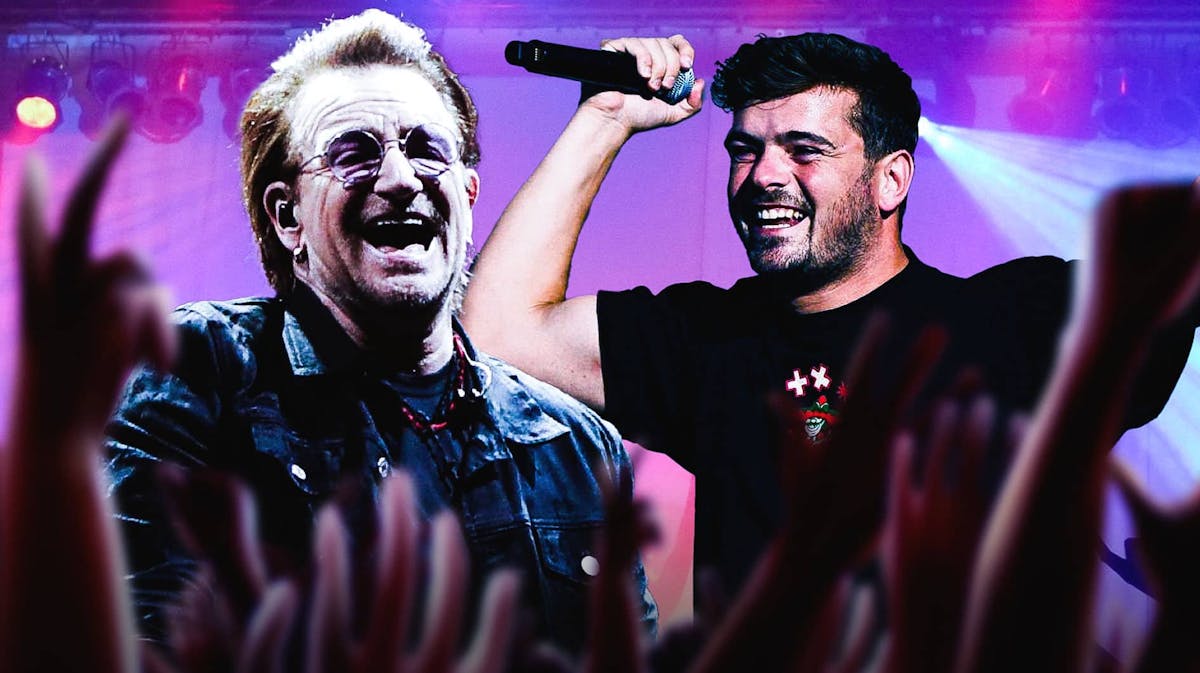 U2 singer Bono with Martin Garrix and club background.