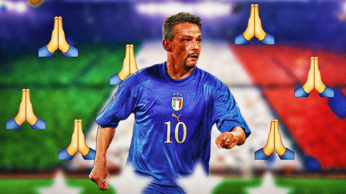 Italy soccer legend Roberto Baggio (in Italy kit) with prayer hand emojis all around