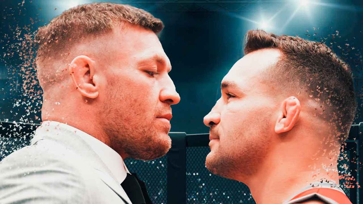 Conor McGregor and Michael Chandler facing off but put the effect similar to what happened after Thanos snap. UFC logo in the background
