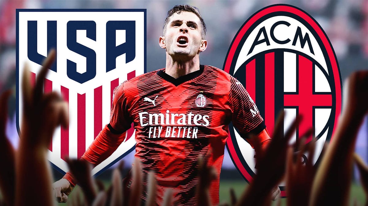 Christian Pulisic celebrating in front of the USMNT and AC MIlan logos