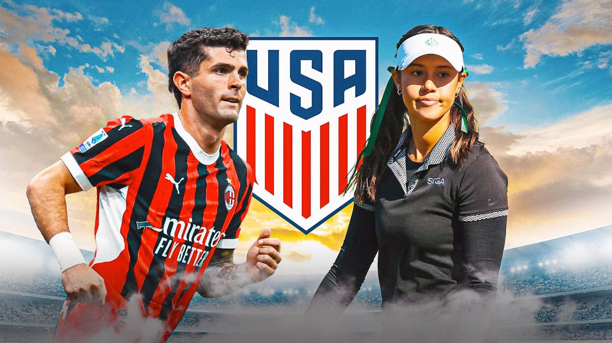 Christian Pulisic and Alexa Melton in front of the USMNT logo