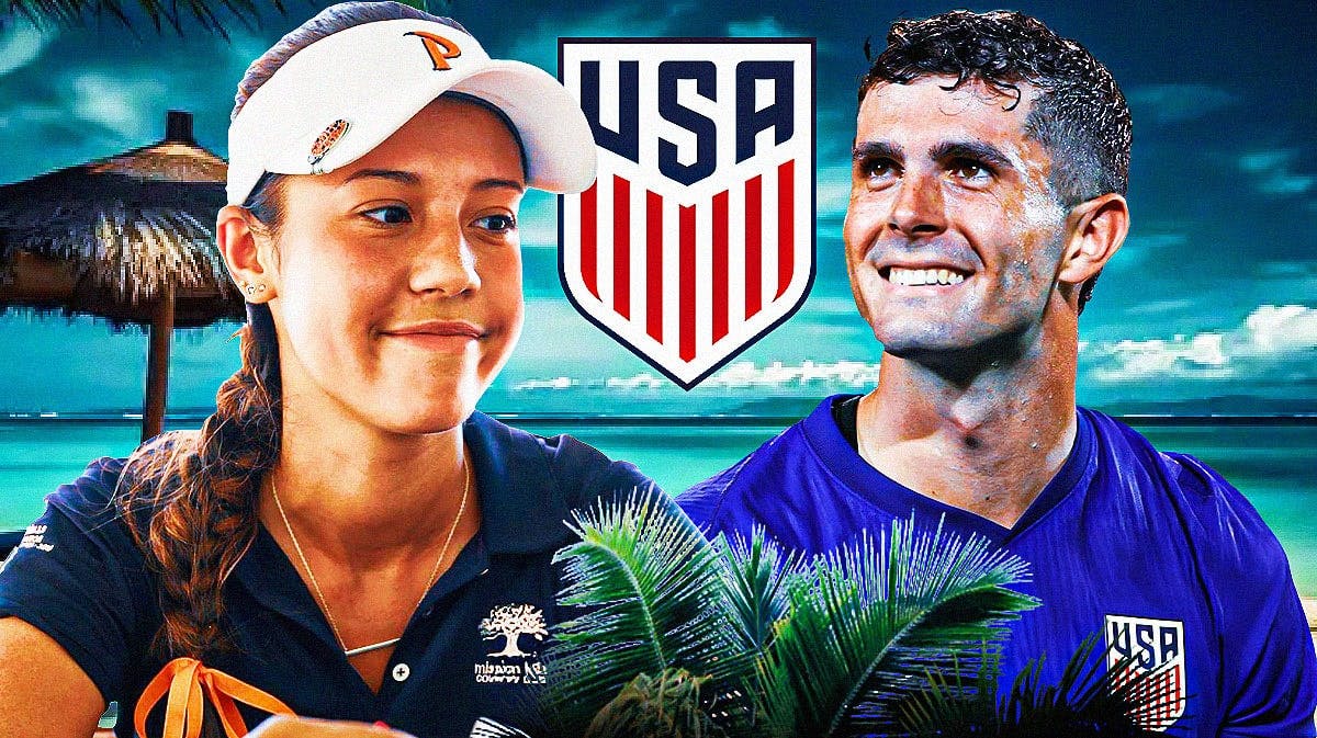 Christian Pulisic and Alexa Melton at a beach, the USMNT logo in the sky