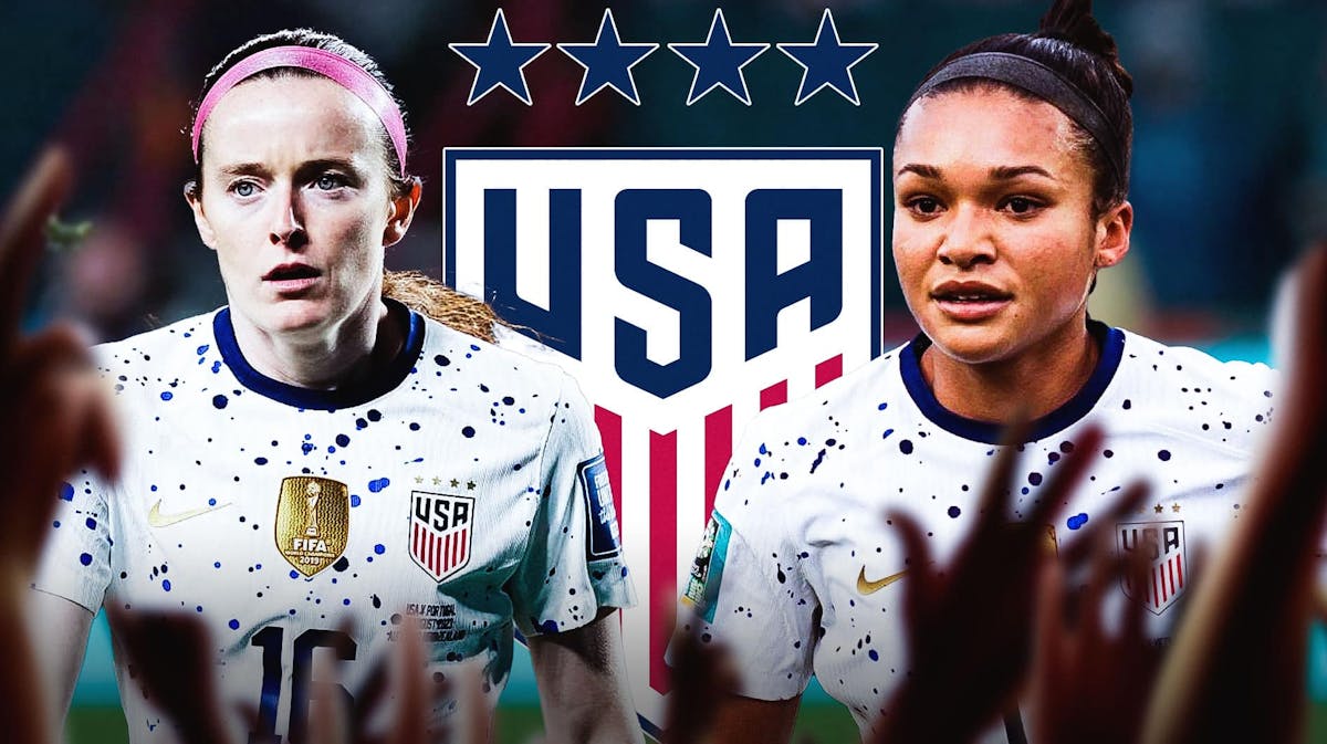 Sophia Smith and Rose Lavelle looking shocked/surprised in front of the USWNT logo