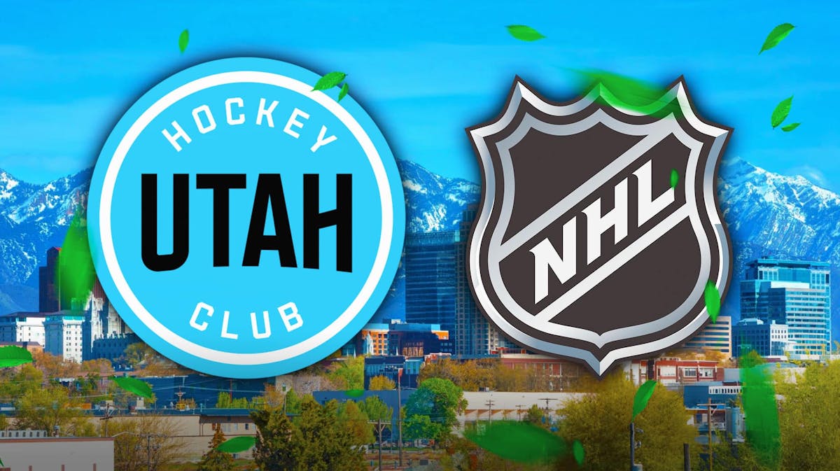 Utah Hockey Club Logo sands next to NHL logo, Salt Lake City background