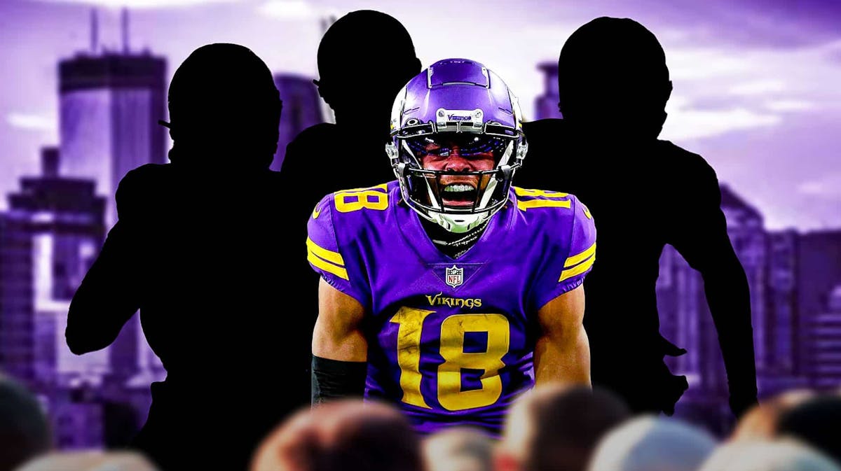 Justin Jefferson in the middle, 3 mystery players around him, Minnesota Vikings wallpaper in the background