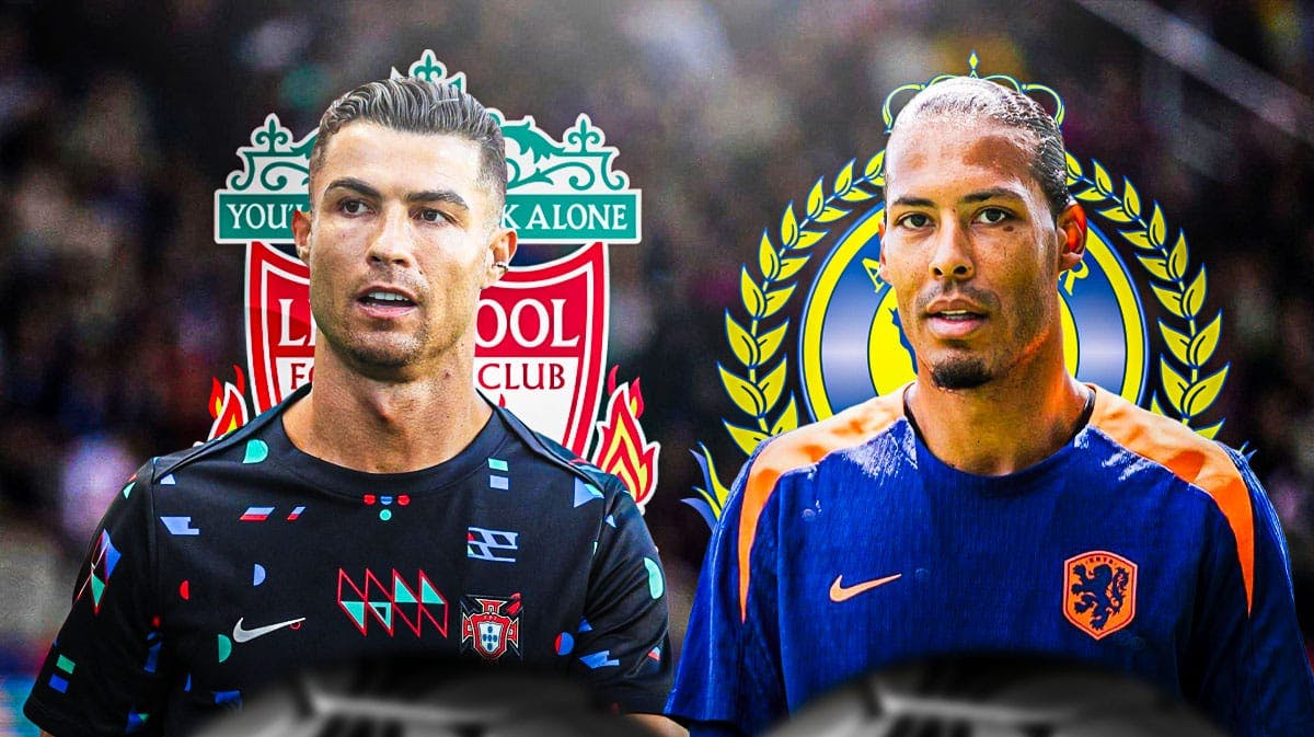 Virgil van Dijk and Cristiano Ronaldo in front of the liverpool and Al-Nassr logos