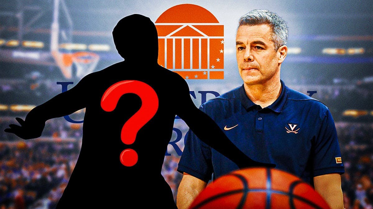 Virginia basketball head coach Tony Bennett with a silhouette of a basketball player with a question mark emoji in the middle. There is also a logo for the University of Virginia.