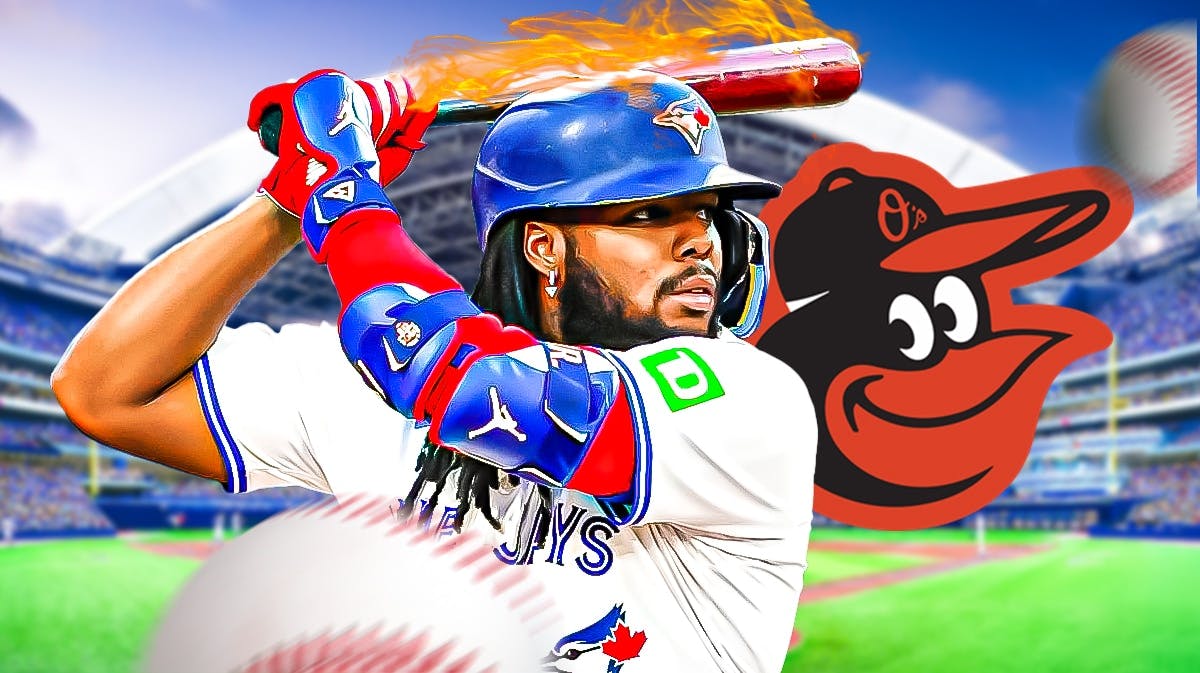 Blue Jays' Vladimir Guerrero Jr. with a flaming bat, Orioles, Rogers Centre in back