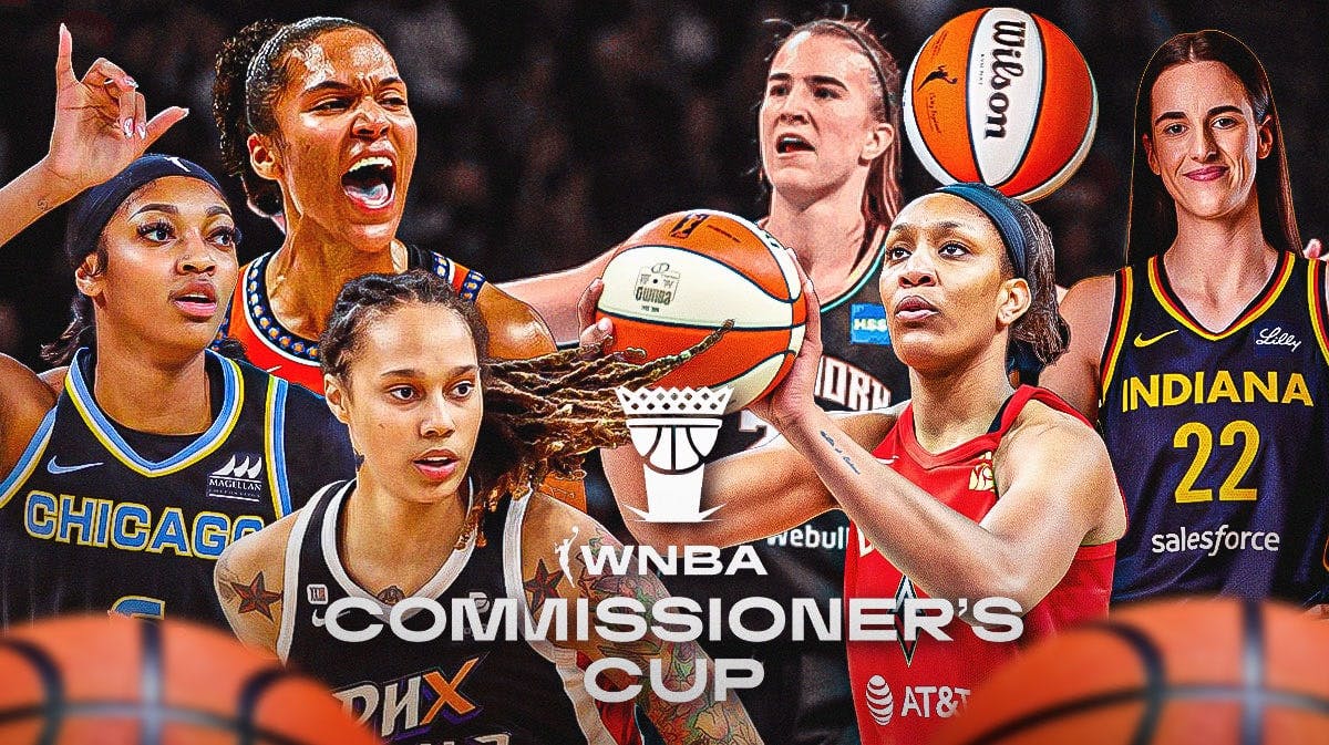 Sabrina Ionescu, Angel Reese, Caitlin Clark, A'ja Wilson, Alyssa Thomas, Brittney Griner all together with the Commissioner's Cup logo in front.