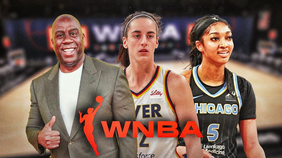 NBA legend Magic Johnson with Indiana Fever guard Caitlin Clark and Chicago Sky forward Angel Reese. There is also a logo for the WNBA.