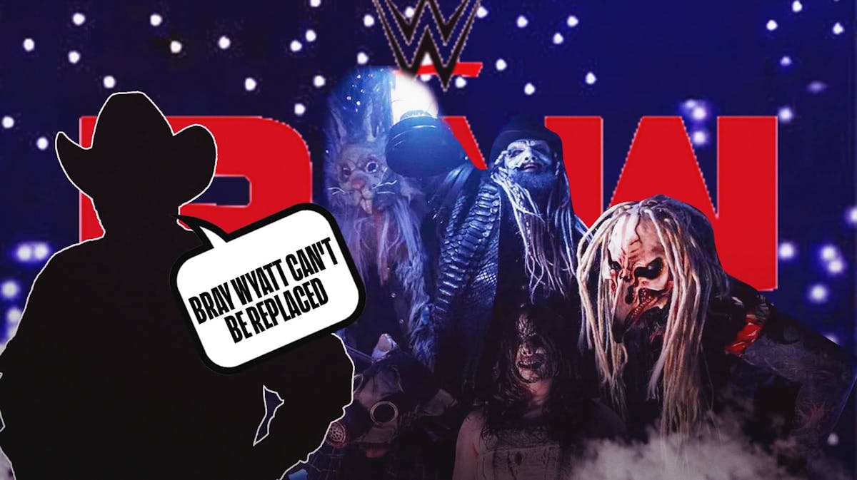 The blacked-out silhouette of Jim Ross with a text bubble reading "Bray Wyatt can't be replaced" next to the Wyatt Sick6 with the RAW logo as the background.