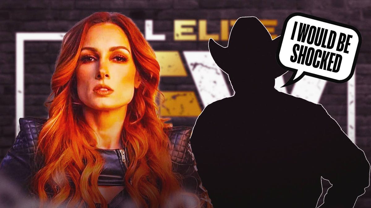 Becky Lynch next to the blacked-out silhouette of Jim Ross with a text bubble reading "I would be shocked" with the AEW logo as the background.