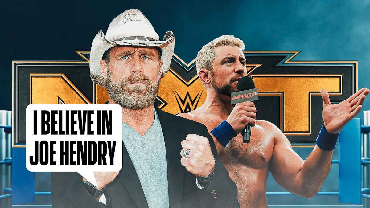 Shawn Michaels with a text bubble reading "I believe in Joe Hendry" next to Joe Hendry with the NXT logo as the background.