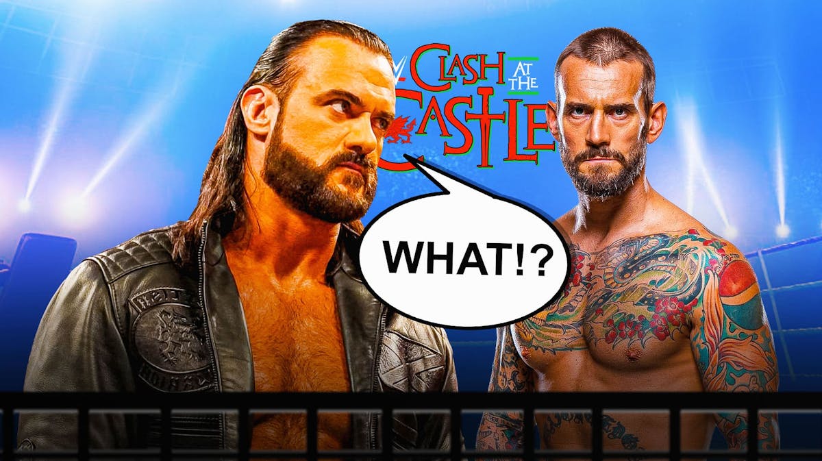 Drew McIntyre with a text bubble reading "What!?" next to CM Punk with the Clash at the Castle logo as the background.