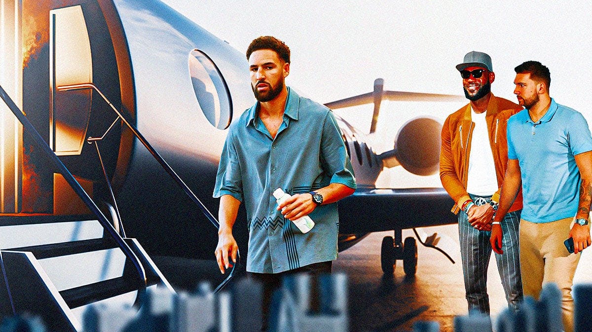 Warriors' Klay Thompson getting on a plane with LeBron James, Luka Doncic