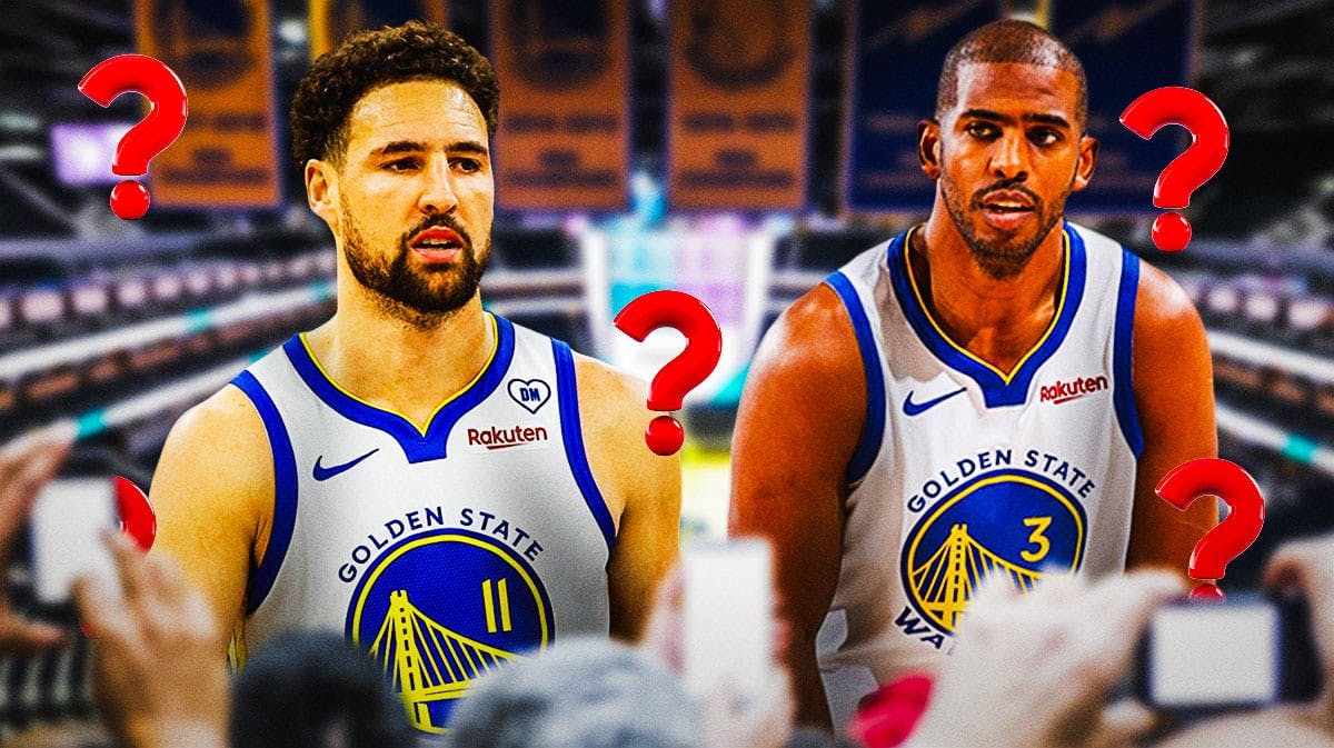 Klay Thompson and Chris Paul with question marks all over the graphic. Warriors logo front and center.