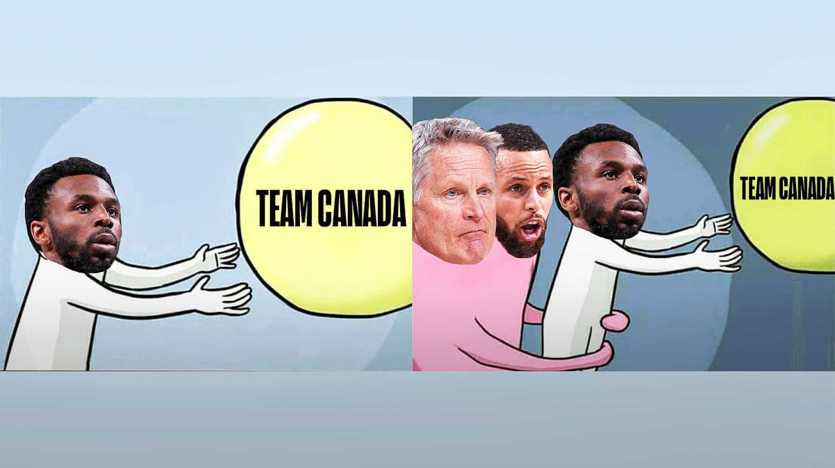 Warriors' Stephen Curry and Steve Kerr (in place of the pink blob) holding back Andrew Wiggins (white drawing), with caption on yellow balloon: "TEAM CANADA"