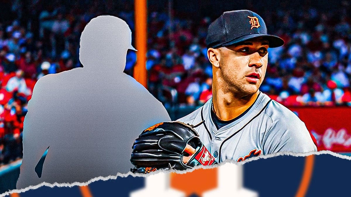 Jack Flaherty in image looking stern, one silhouetted Houston Astros player, Houston Astros logo, baseball field in background