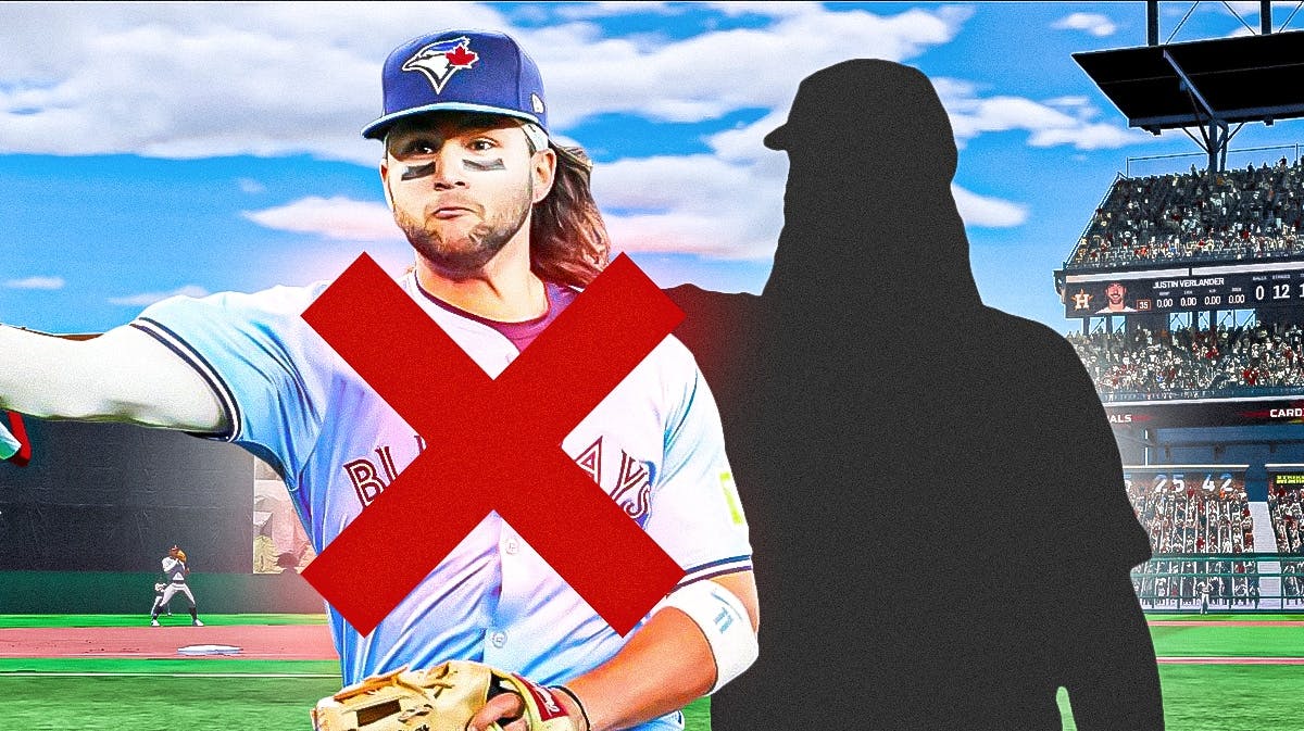 Bo Bichette in a blue jays uniform with a big red X over him and a silhouette of Vladimir Guerrero Jr next to him