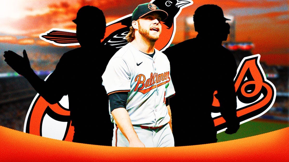 Corbin Burnes in middle of image, one silhouetted Baltimore Orioles player on either side, Baltimore Orioles logo, baseball field in background