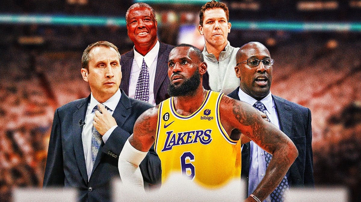 LeBron James in the middle surrounded by former coaches Mike Brown, David Blatt, Luke Walton, Paul Silas with question marks all around