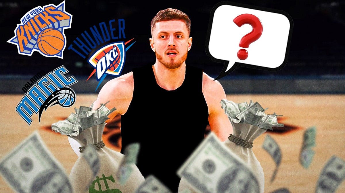 Need cover image of Isaiah Hartenstein making a confused/questioning face with a blank jersey with the New York Knicks, Orlando Magic, and Oklahoma City Thunder logos above him. Additionally, put a comic book-style thought bubble next to his head with question marks inside and bags of money on his right and left.