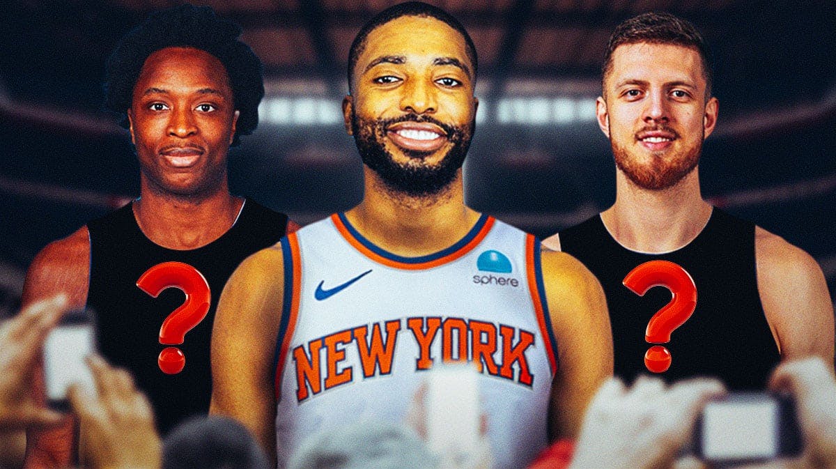 Mikal Bridges in a Knicks jersey surrounded by OG Anunoby and Isaiah Hartenstein wearing blank jerseys with a question mark on their chests.