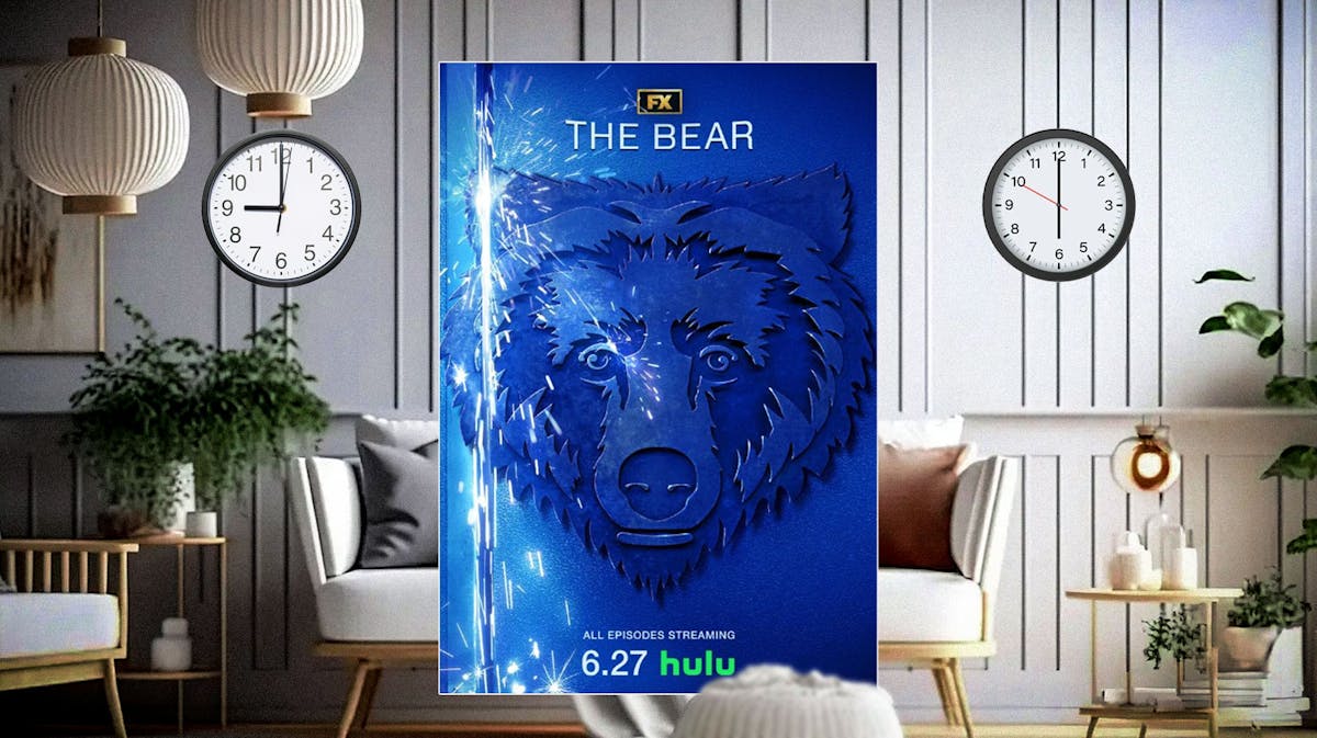 The Bear season 3 poster, on the left clock at 9:00, on the right clock at 6:00, living room background