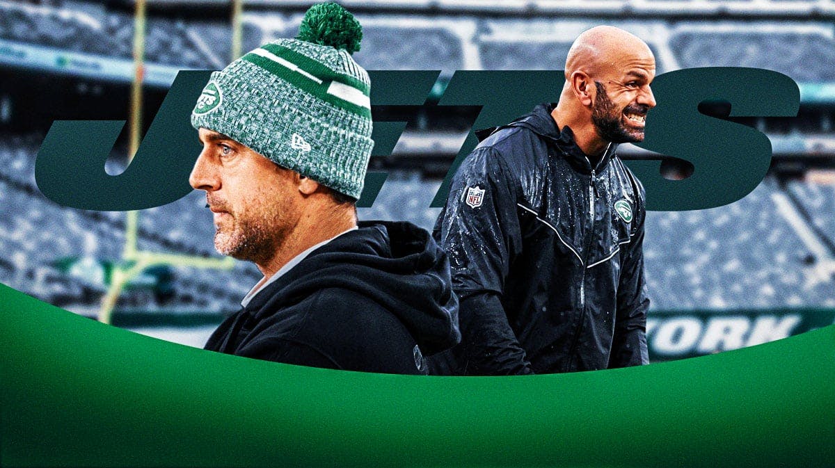 Aaron Rodgers and Robert Saleh both in image looking stern, New York Jets logo, football field in background