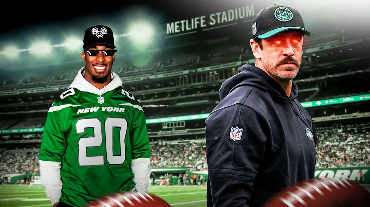 Breece Hall (Jets) with deal with it shades, Aaron Rodgers (Jets) with woke eyes